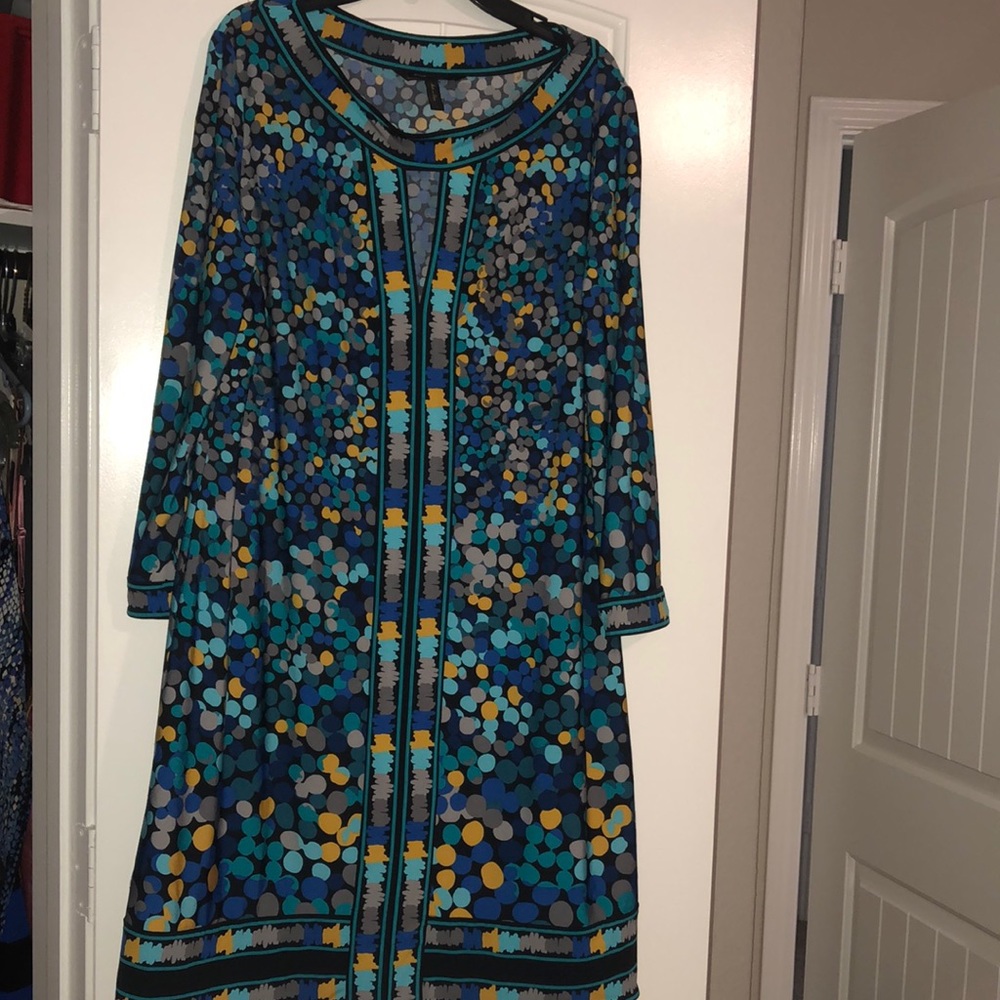 BCBG Maxazria dress size large blue and yellow polka dot paint splatter stretchy